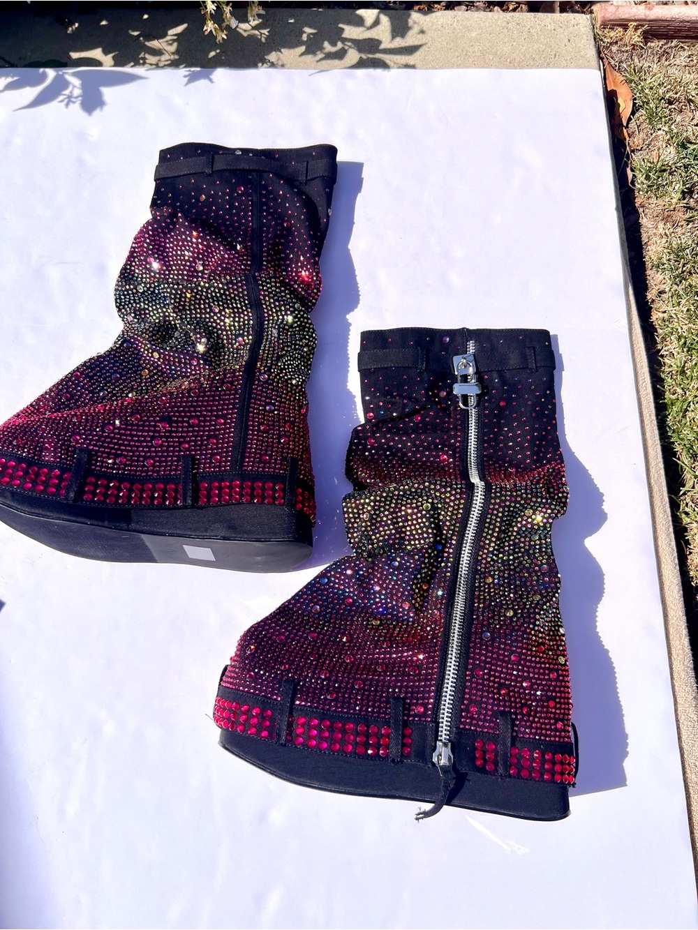 Rainbow Rave Boots Black Denim w/ Zipper. 5” Platform Wedge Ombre Rhinestones - Picture 7 of 17